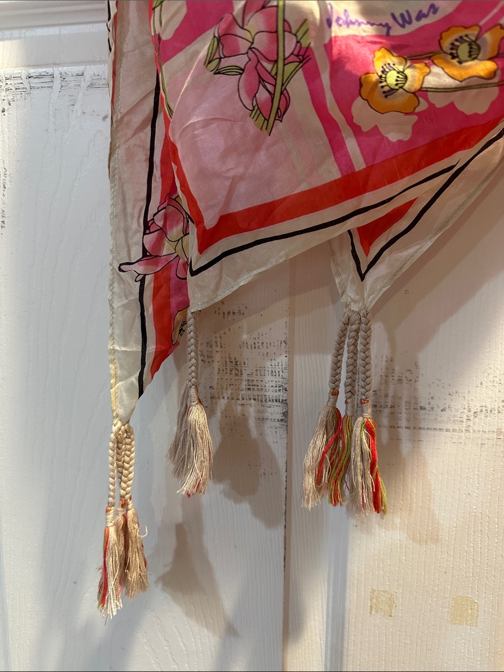Johnny Was Large Boho Floral Silk Scarf Shawl with Tassels - Picture 3 of 7